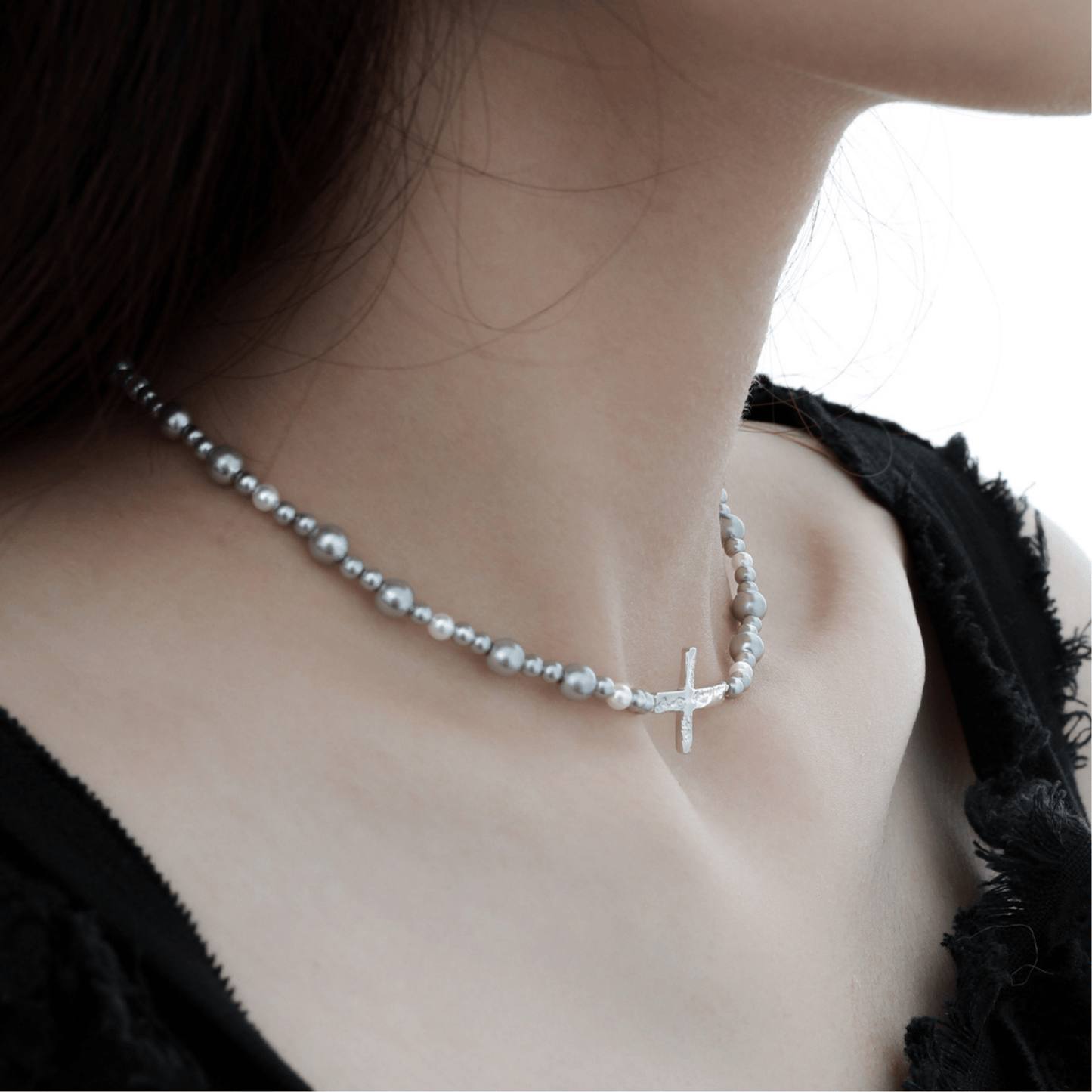 Textured Cross Pearl Necklace