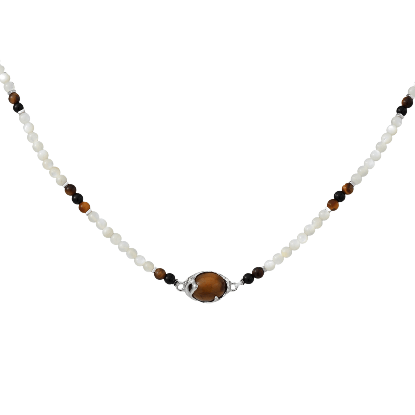 Tiger Eye Black Onyx and Mother of Pearl Necklace