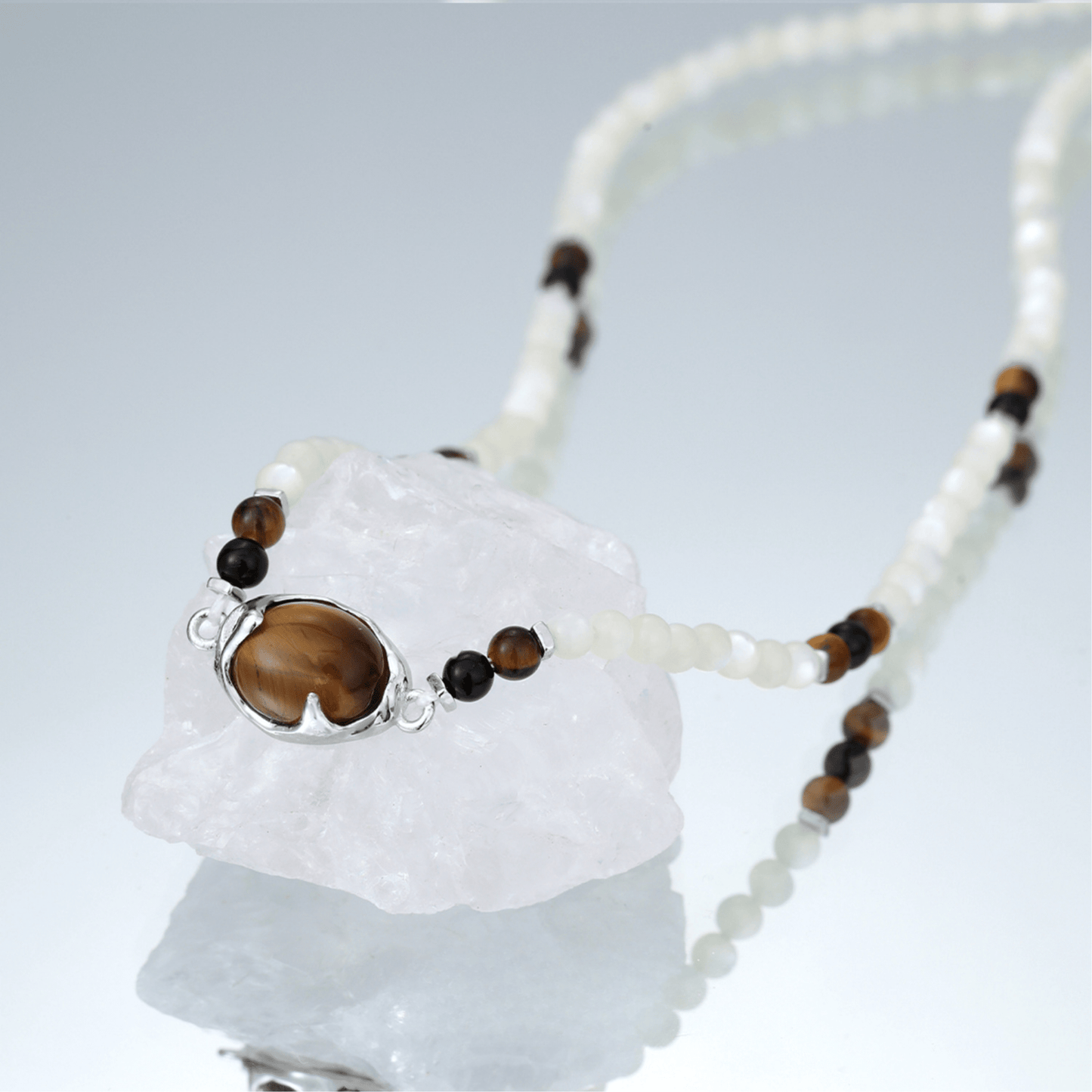 Tiger Eye Black Onyx and Mother of Pearl Necklace