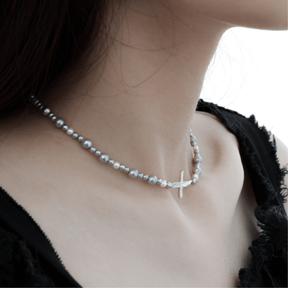 Textured Cross Pearl Necklace